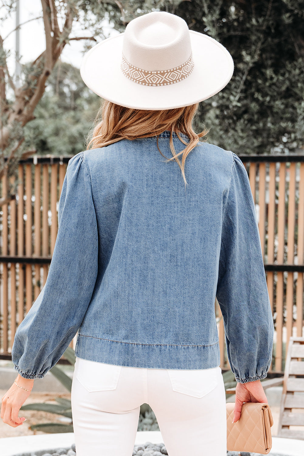Oakley Tied Front Long Puff Sleeve Denim Top - Threaded Pear