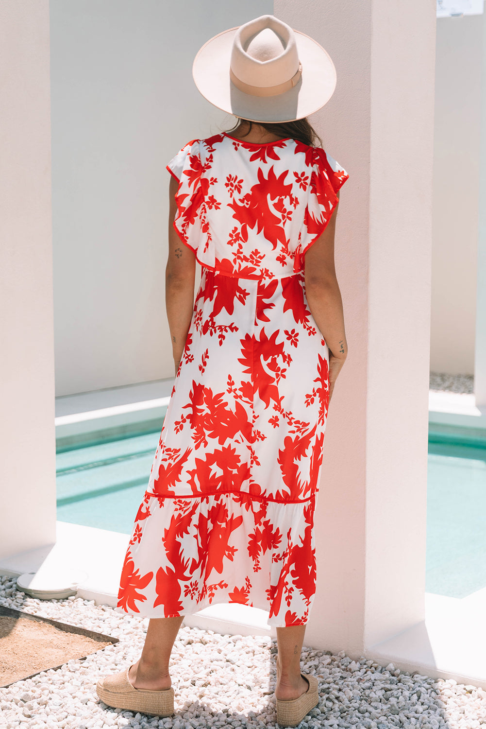 Scarlett Floral Trimmed V Neck Ruffle Sleeve Long Dress - Threaded Pear