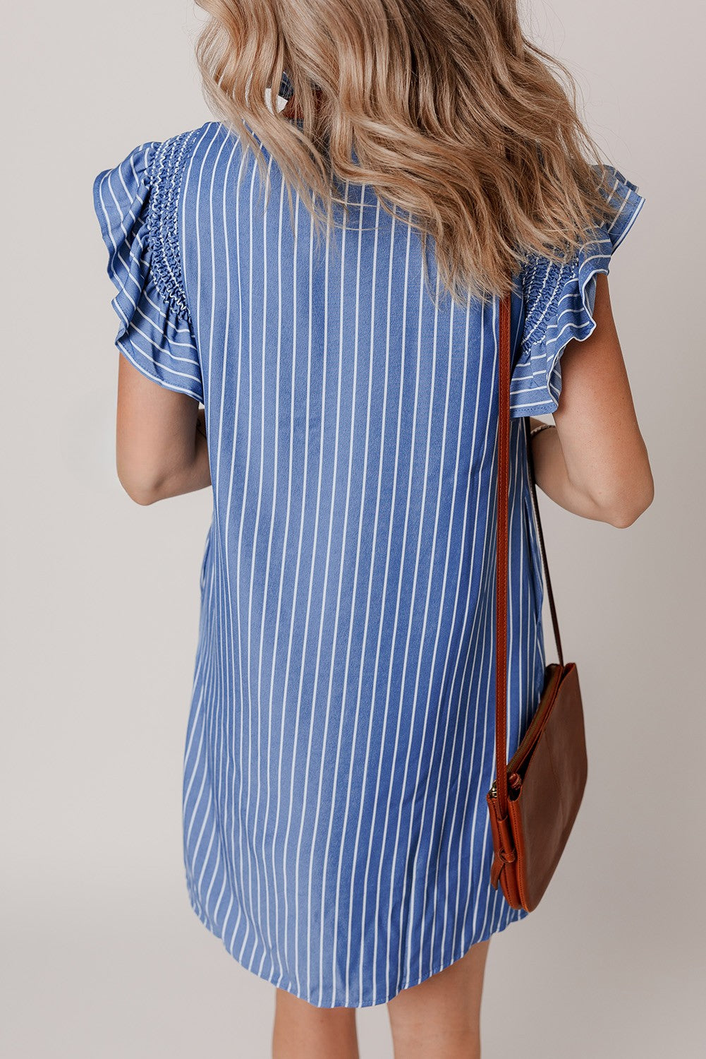 Leah Stripe Frilly Split Neck Shirred Ruffle Sleeve Dress - Threaded Pear