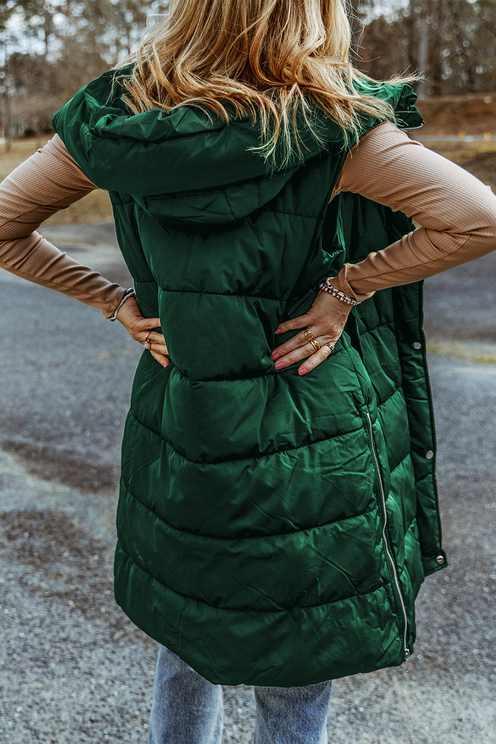 Black Hooded Long Quilted Vest PLUS Coat by Threaded Pear