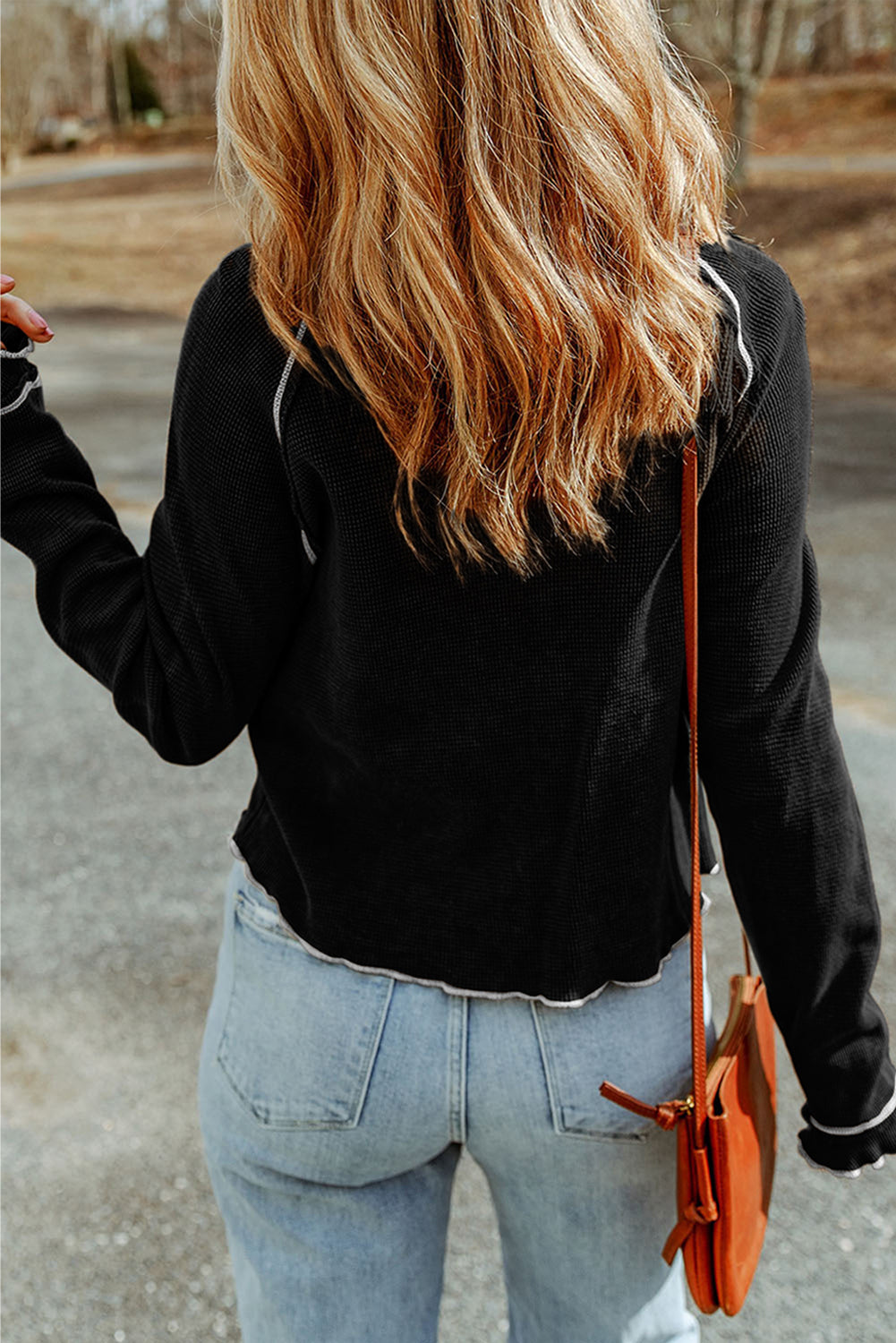 Daisy Textured Round Neck Long Sleeve Top - Threaded Pear