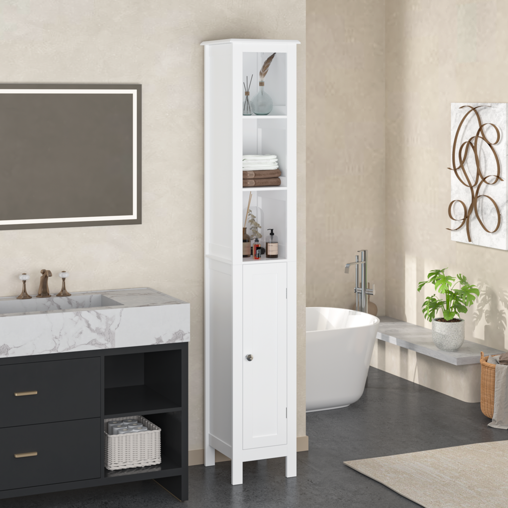 66.92' Tall Bathroom Storage Cabinet with Adjustable Shelves,Slim 1 Doors Freestanding Cabinet with Anti-Tip, Open compartments, for Home, Small Spaces, Bathroom,Kitchen, Living Room, White by 39F INC.