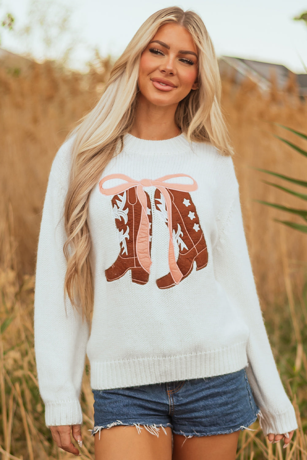Amanda Embroidered Bow Boots Sweater - Threaded Pear