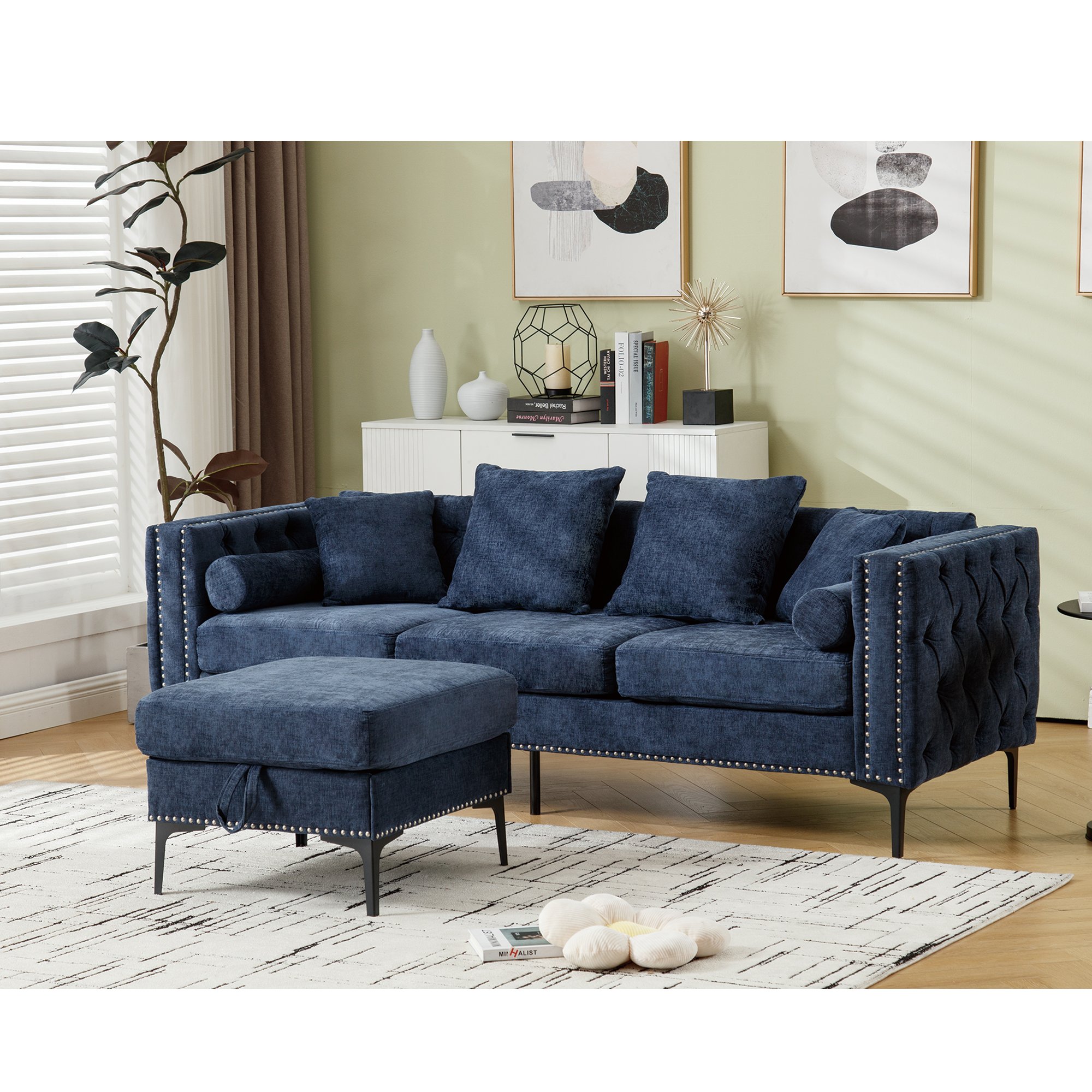 L Shaped Sectional Convertible Sofa With Storage Ottoman and Modern Tufted Style