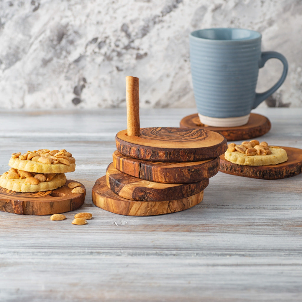 Olive Wood Coaster Set With Holder -7 Pcs