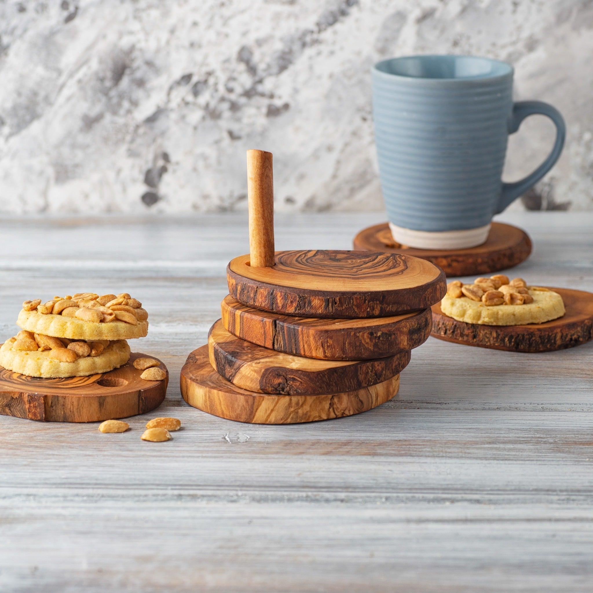 Olive Wood Coaster Set With Holder -7 Pcs