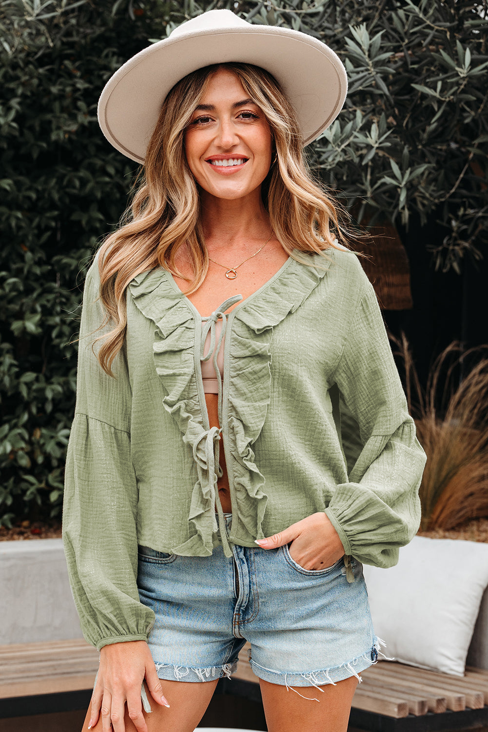 Natalia Bow Tie Front Ruffle Trim Long Sleeve Gauze Blouse - Threaded Pear