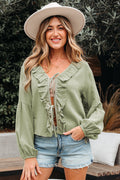 Natalia Bow Tie Front Ruffle Trim Long Sleeve Gauze Blouse - Threaded Pear