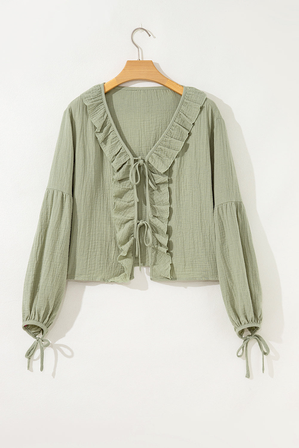 Natalia Bow Tie Front Ruffle Trim Long Sleeve Gauze Blouse - Threaded Pear