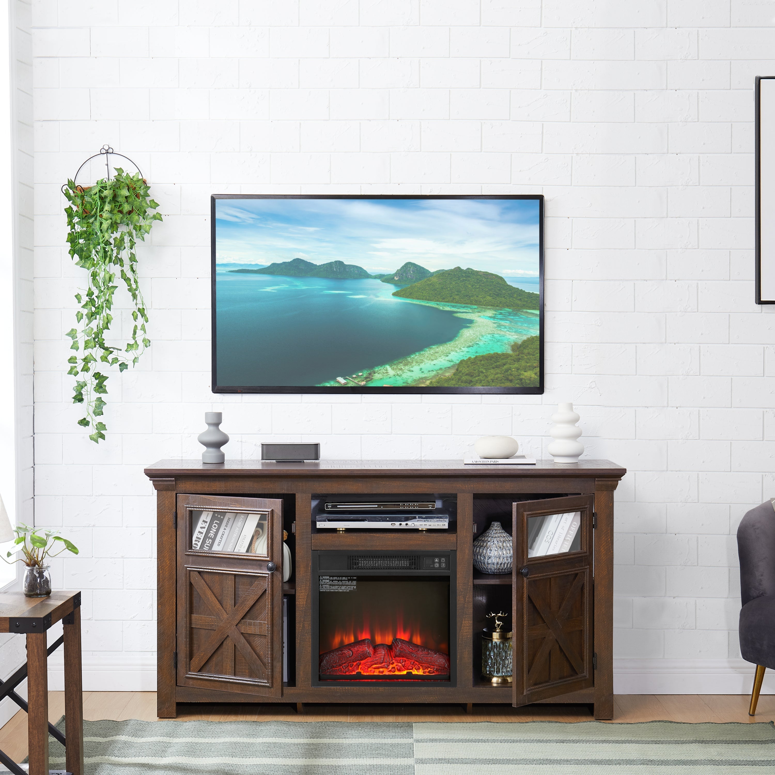 2 Doors Cabinet Farmhouse TV Stand With 18' Fireplace Insert