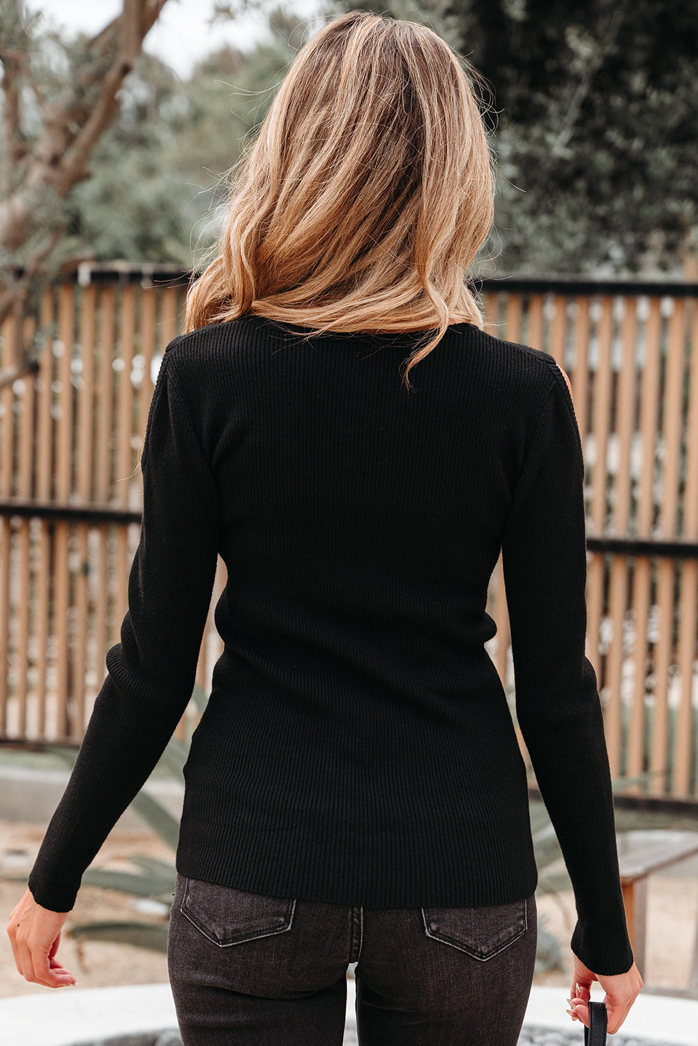 Amaya Ribbed Knit Cold Shoulder Sweater - Threaded Pear