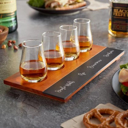 Chalkboard Flight Tray With Whiskey Tasting Glasses