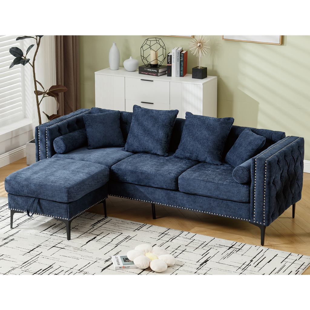 L Shaped Sectional Convertible Sofa With Storage Ottoman and Modern Tufted Style