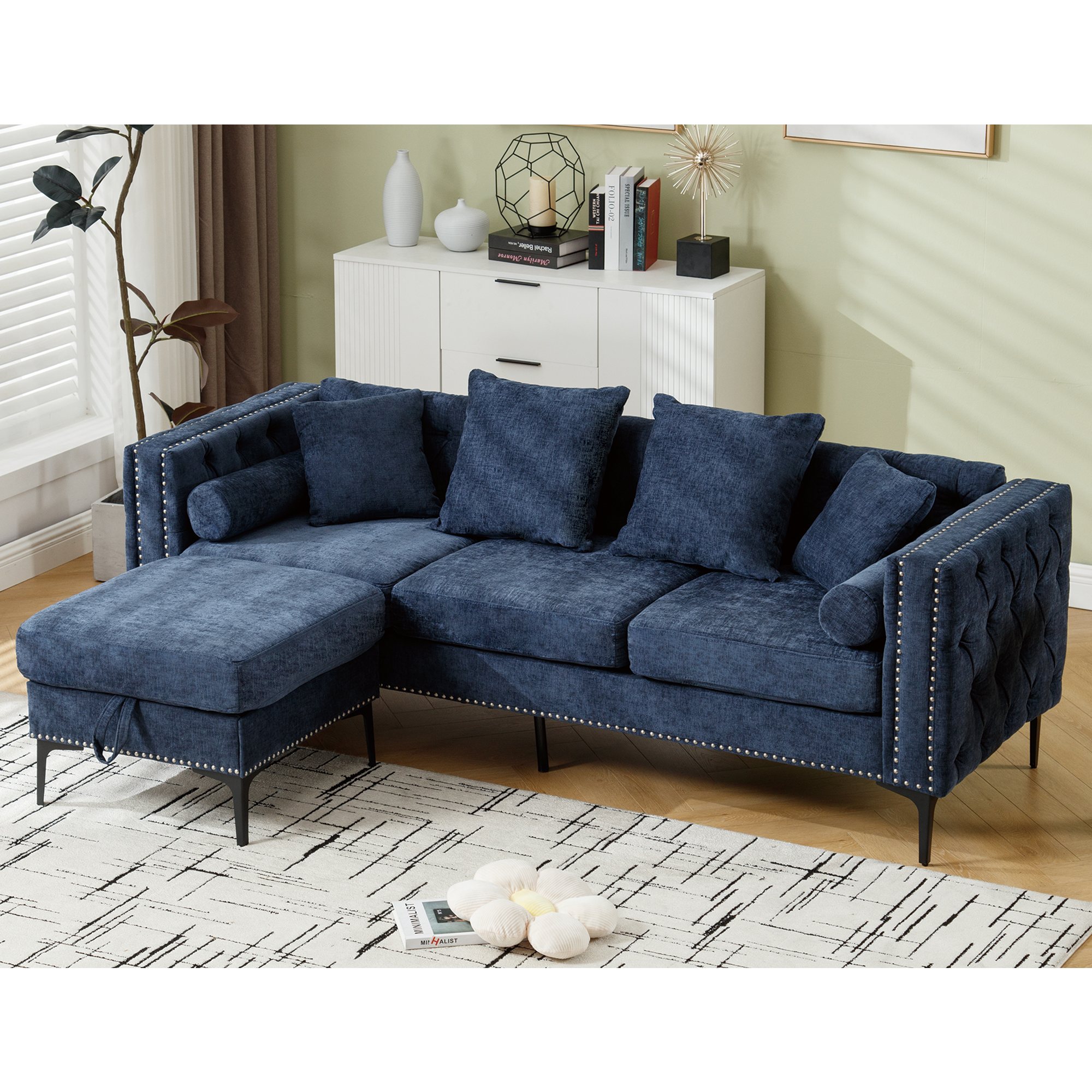L Shaped Sectional Convertible Sofa With Storage Ottoman and Modern Tufted Style