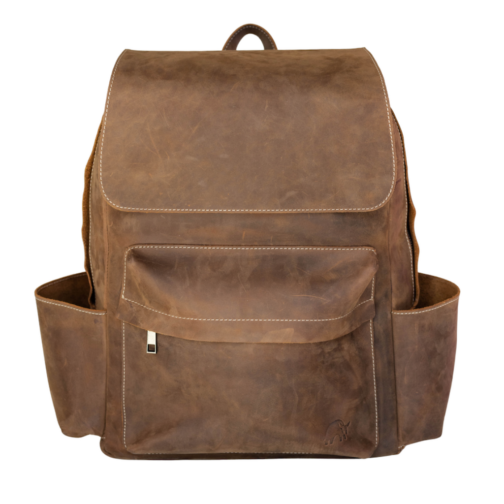 Brown leather rugged backpack with multiple pockets and a top handle