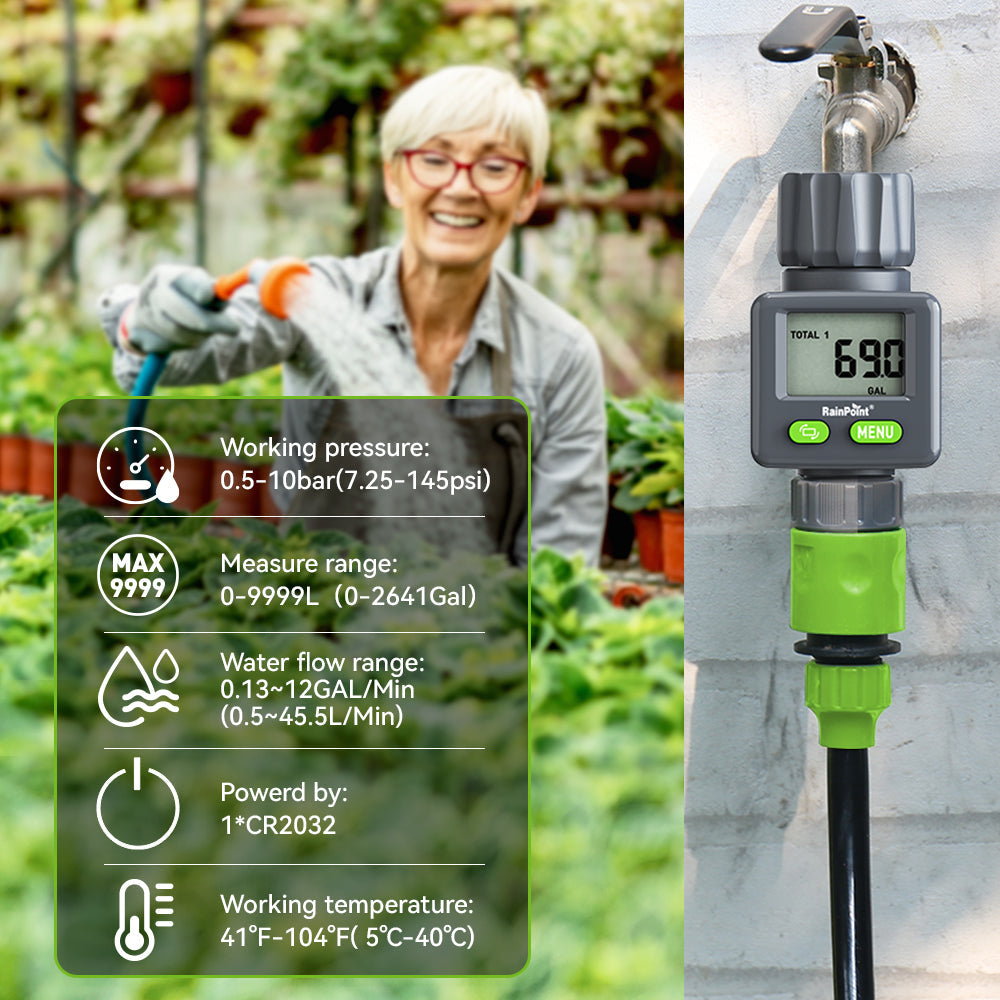 RAINPOINT Bi-Directional Measurement Digital Water Flow Meter for RV Tank Hose with Gallon/Liter Switch Indoor, Consumption & Flow Rate Monitor for Outdoor Garden Hose Sprinkler Bandit Travel Trailer by BALDR Electronic