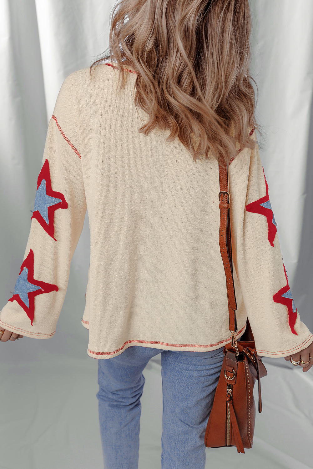 USA Patchwork Exposed Seam Long Sleeve Top - Threaded Pear