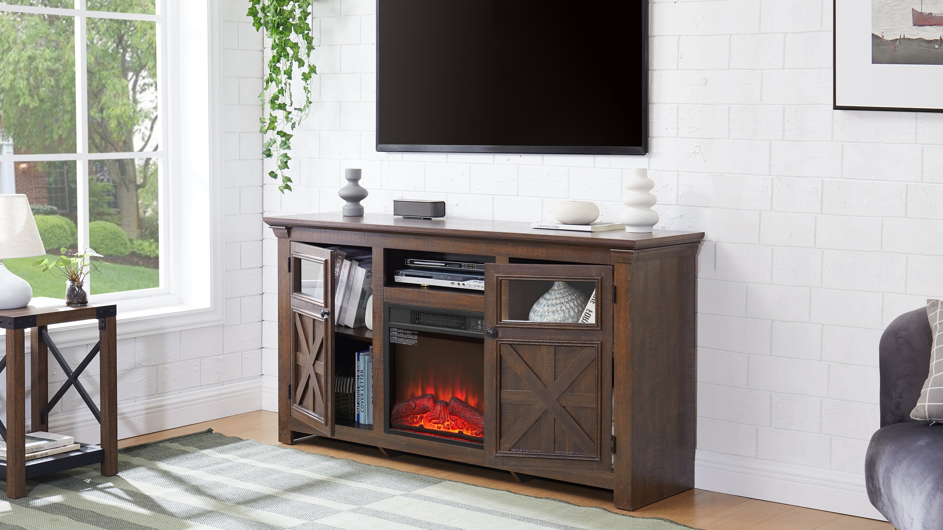 2 Doors Cabinet Farmhouse TV Stand With 18' Fireplace Insert