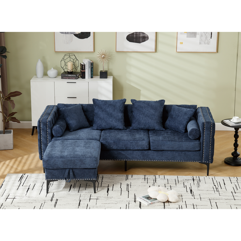 L Shaped Sectional Convertible Sofa With Storage Ottoman and Modern Tufted Style