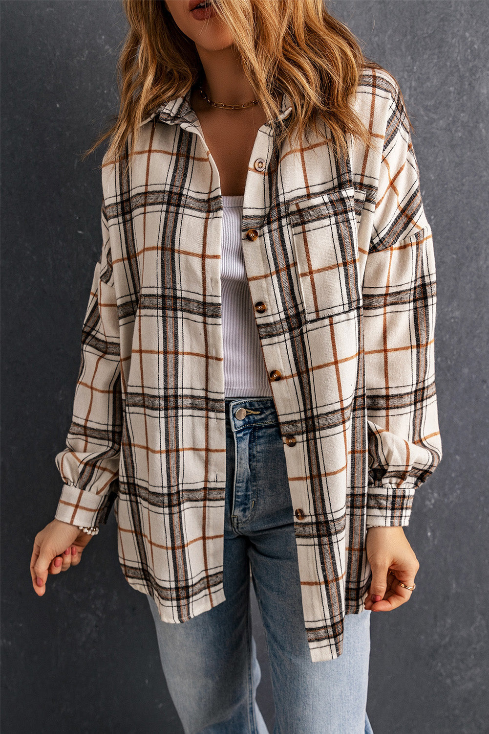 Khloe Oversized Plaid Pattern Shacket - Threaded Pear