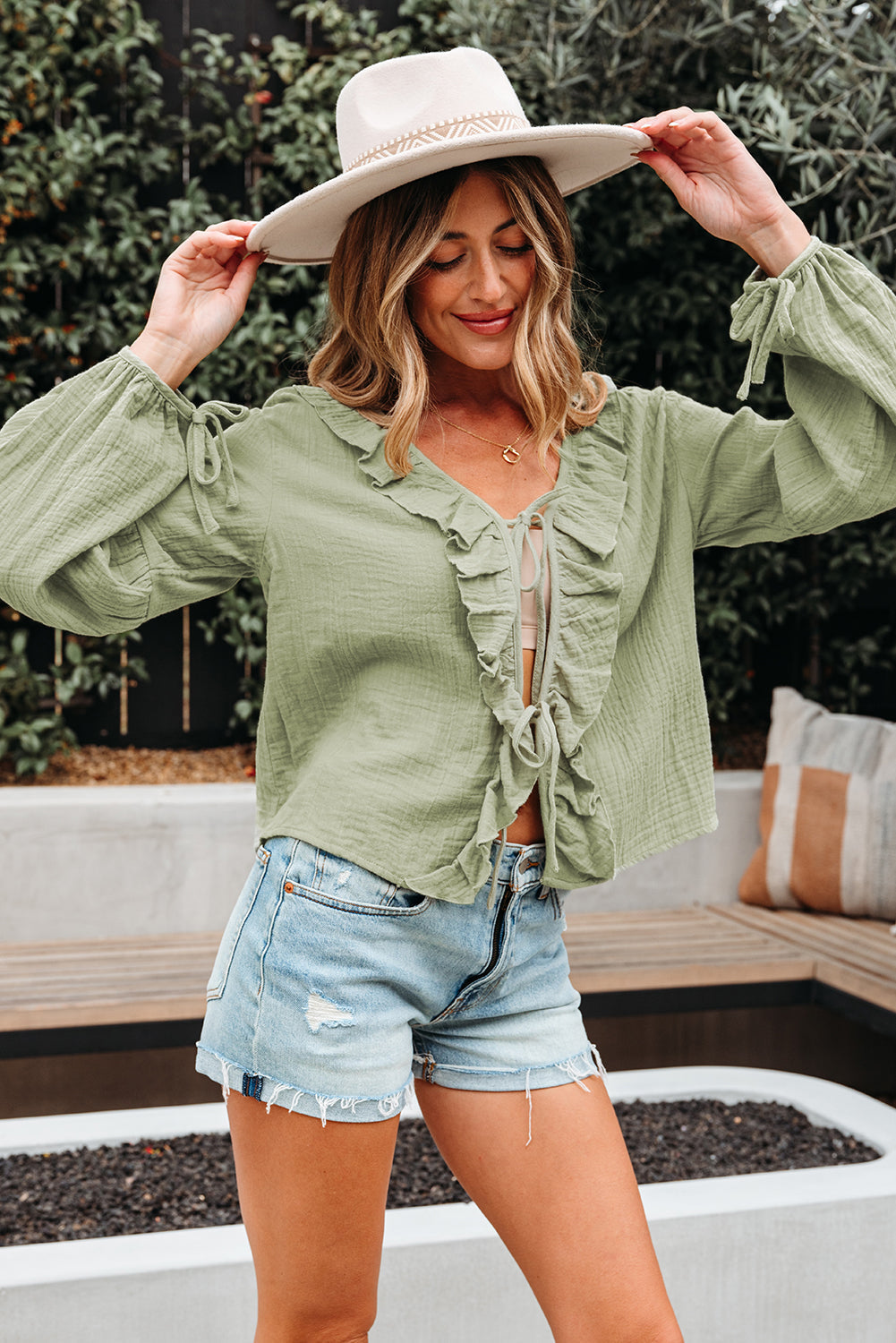 Natalia Bow Tie Front Ruffle Trim Long Sleeve Gauze Blouse - Threaded Pear