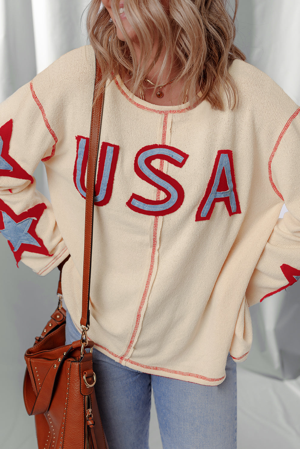 USA Patchwork Exposed Seam Long Sleeve Top - Threaded Pear