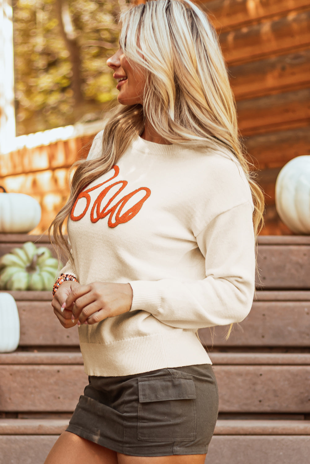 Boo Knitted Pattern Ribbed Edge Sweater - Threaded Pear
