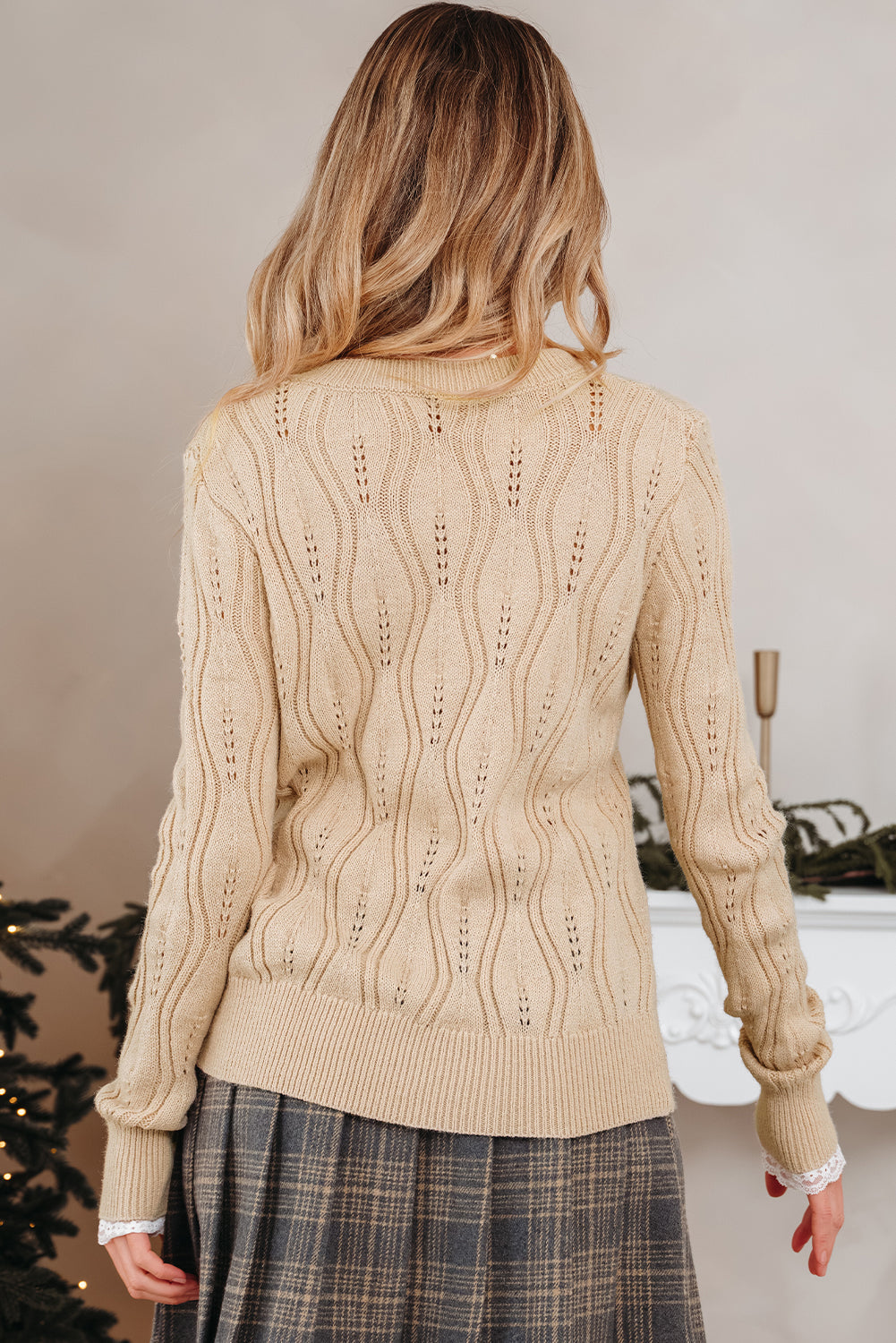 Abigail Lace Patchwork Sleeve Sweater - Threaded Pear