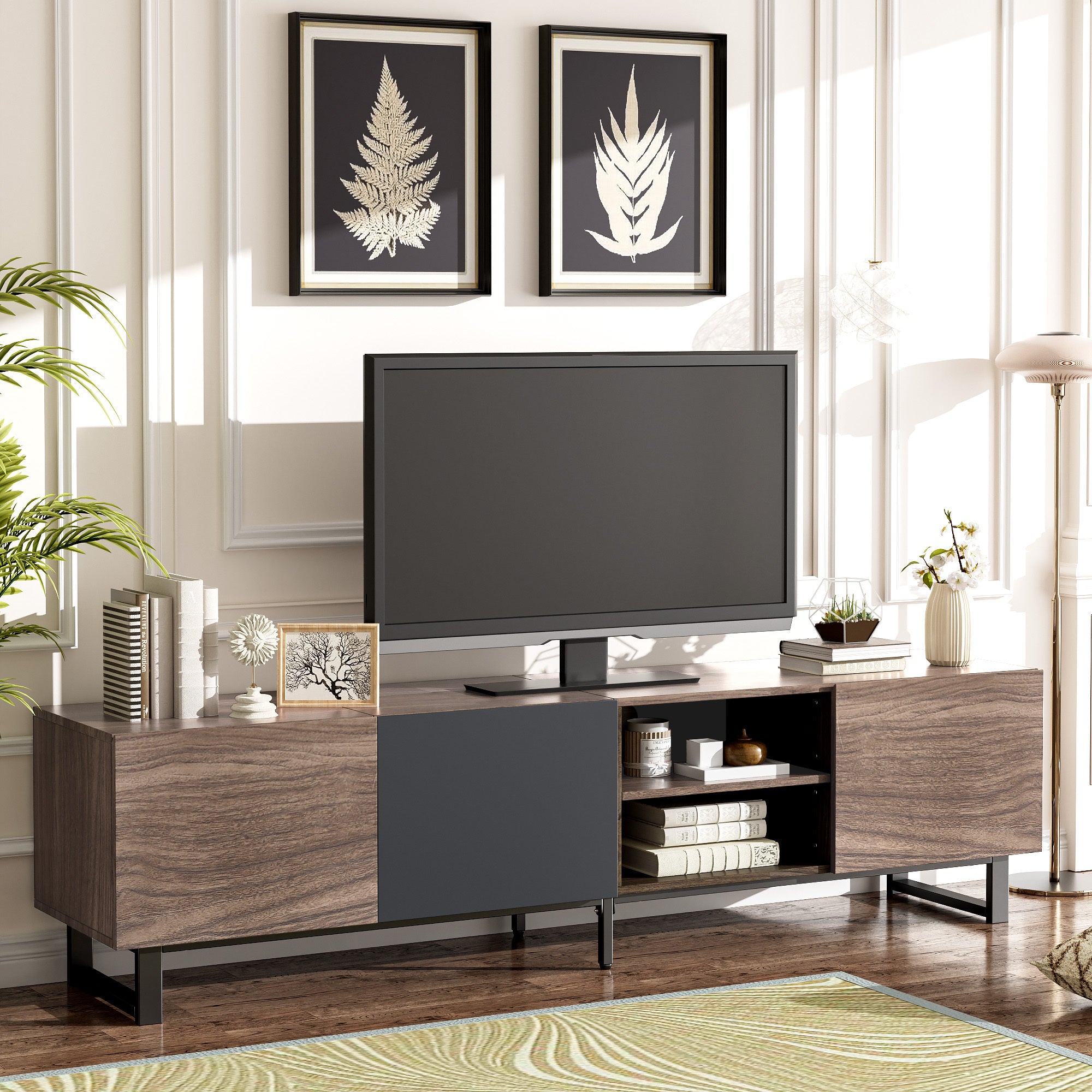 Modern TV Stand With 3 Cabinets & Open Shelves
