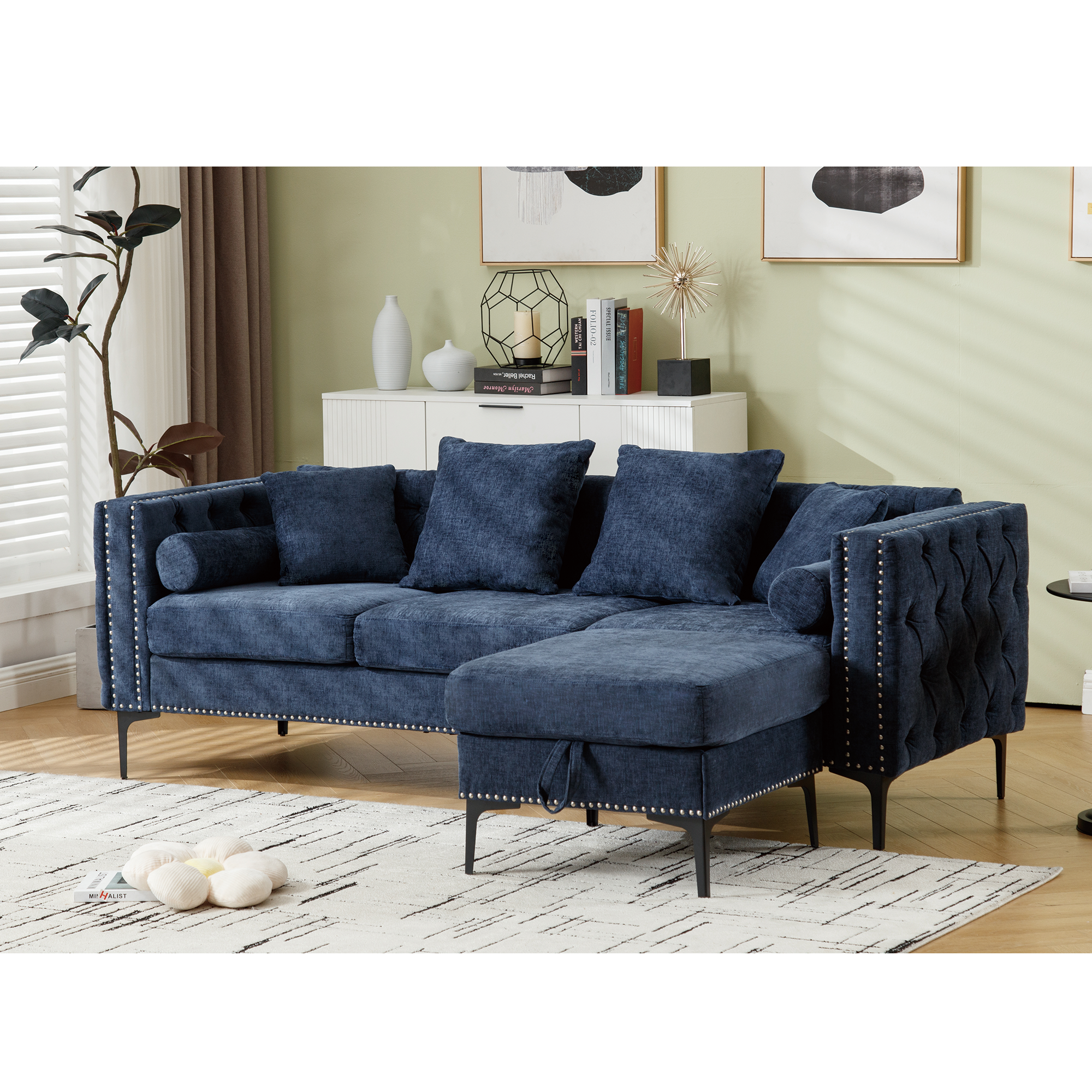 L Shaped Sectional Convertible Sofa With Storage Ottoman and Modern Tufted Style