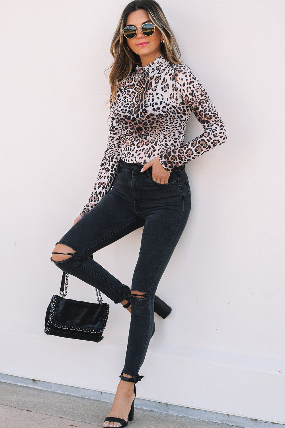 Leopard Smocked Neck Mesh Long Sleeve Bodysuit - Threaded Pear