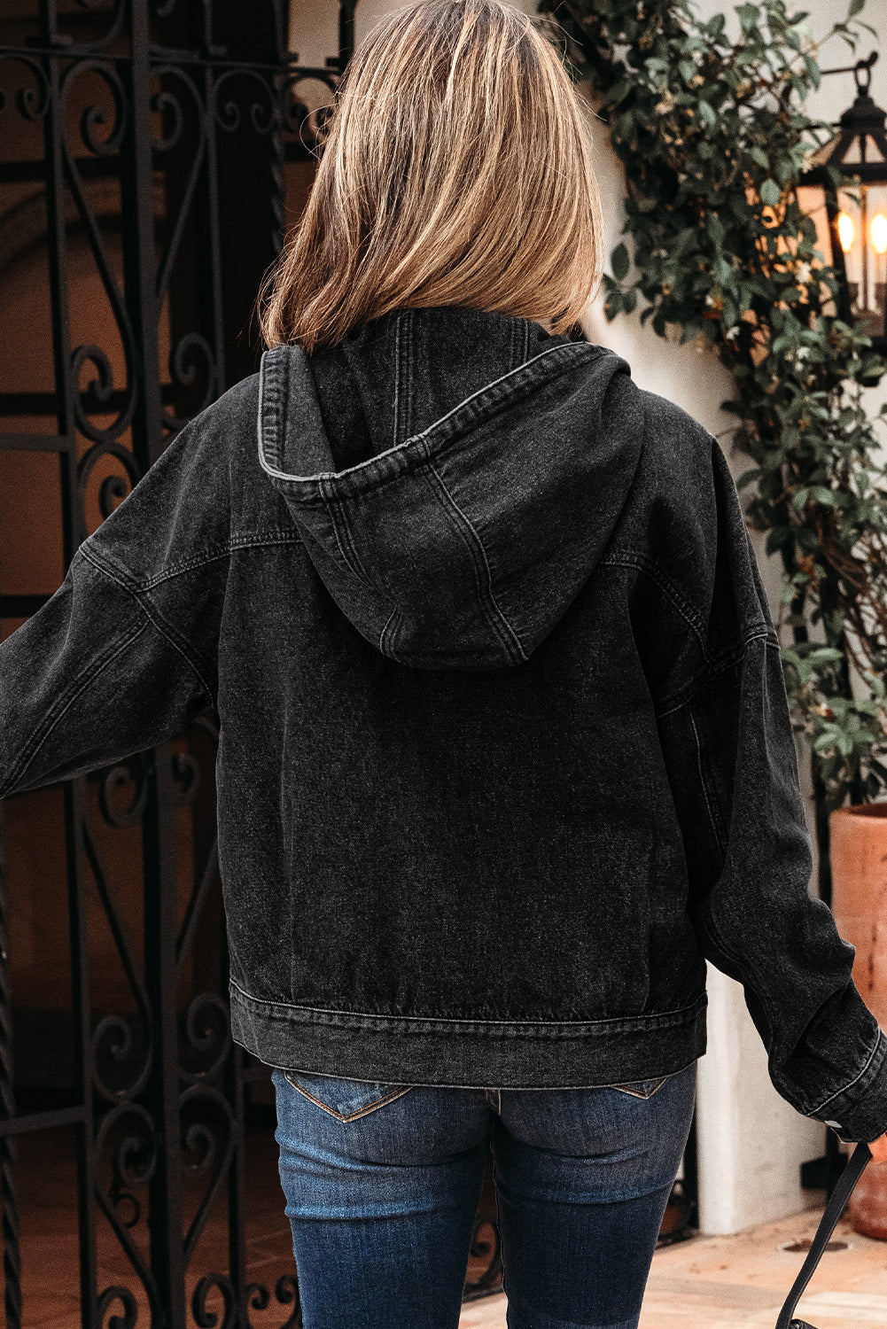 Sage Pocket Drop Shoulder Hooded Denim Jacket - Threaded Pear