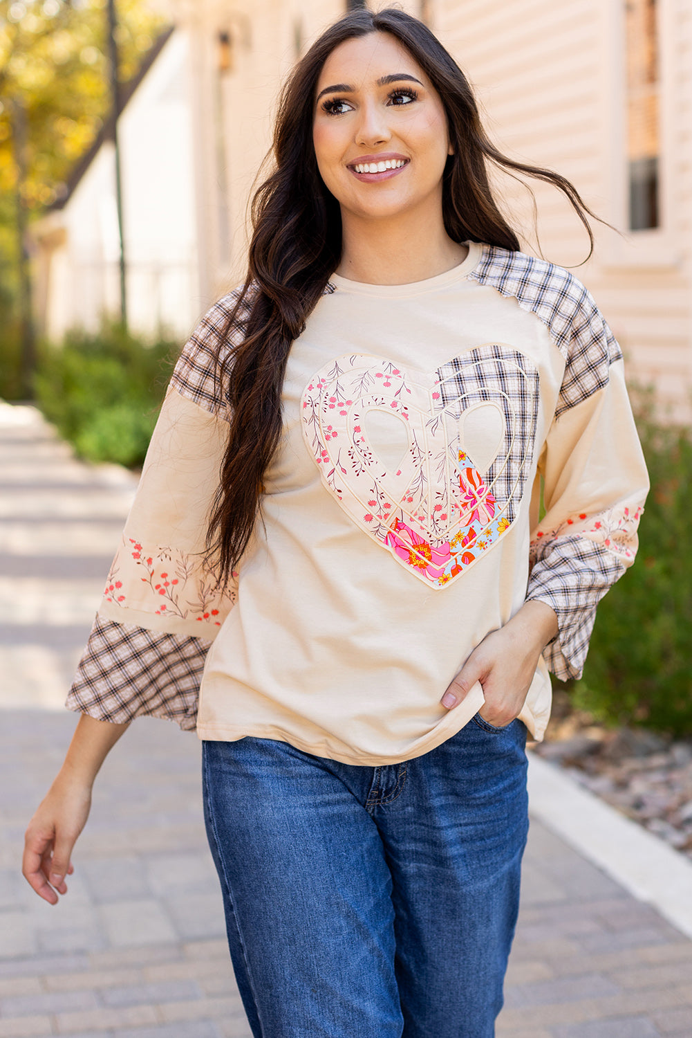 Emilia Plaid Floral Peace Heart Long Sleeve Top - Threaded Pear