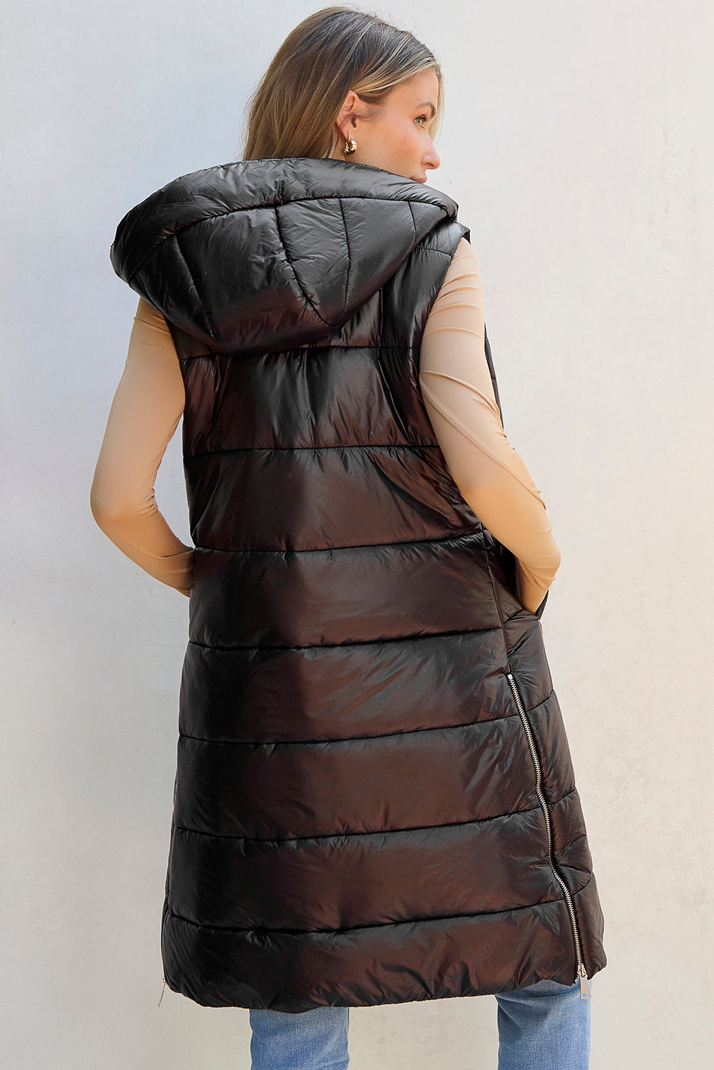 Black Hooded Long Quilted Vest PLUS Coat by Threaded Pear