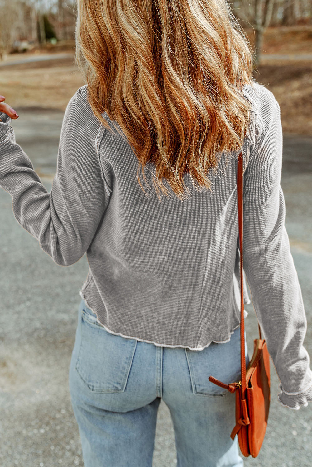 Daisy Textured Round Neck Long Sleeve Top - Threaded Pear