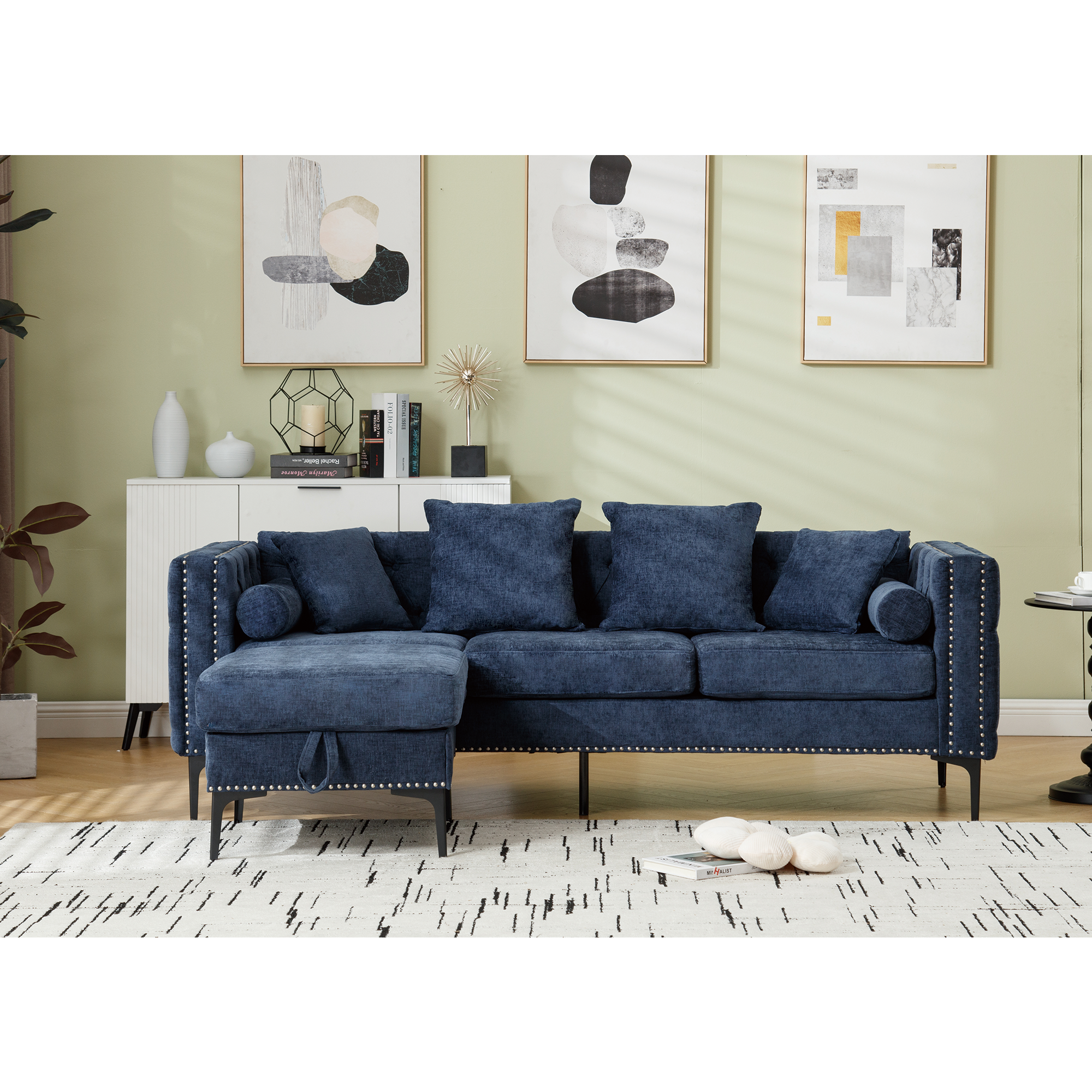 L Shaped Sectional Convertible Sofa With Storage Ottoman and Modern Tufted Style