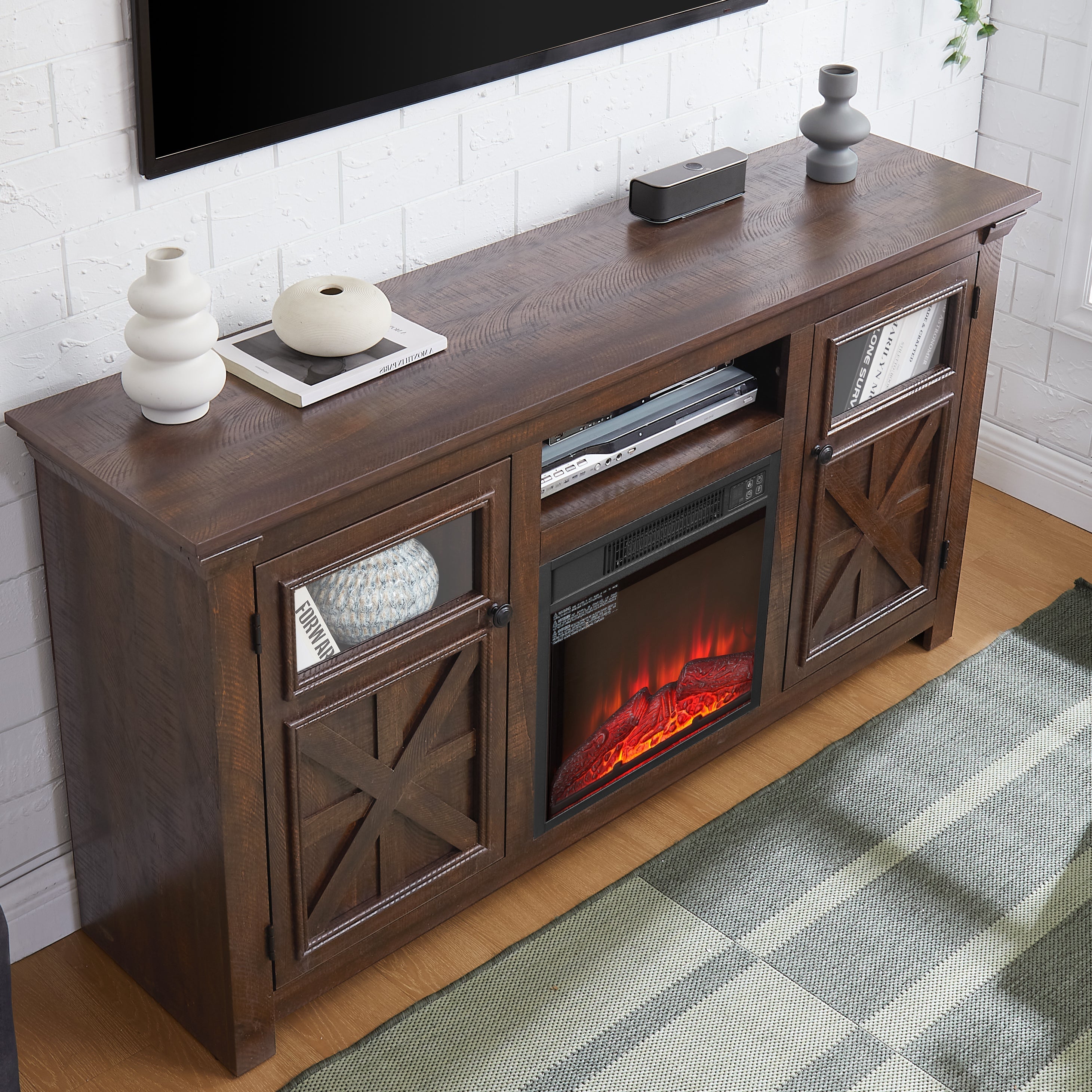 2 Doors Cabinet Farmhouse TV Stand With 18' Fireplace Insert