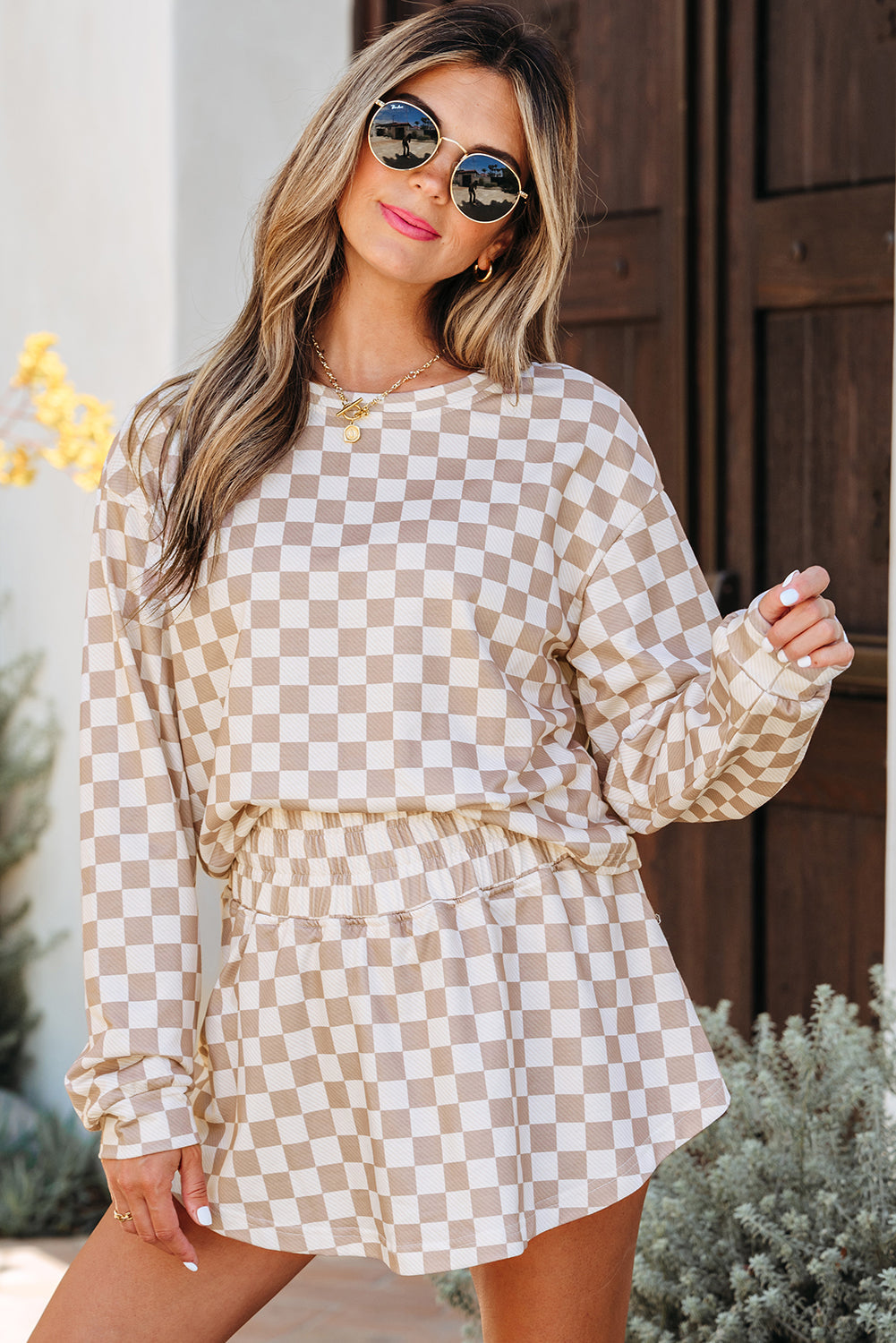 Emily Checkered Long Sleeve High Waist Skort 2pcs Set - Threaded Pear