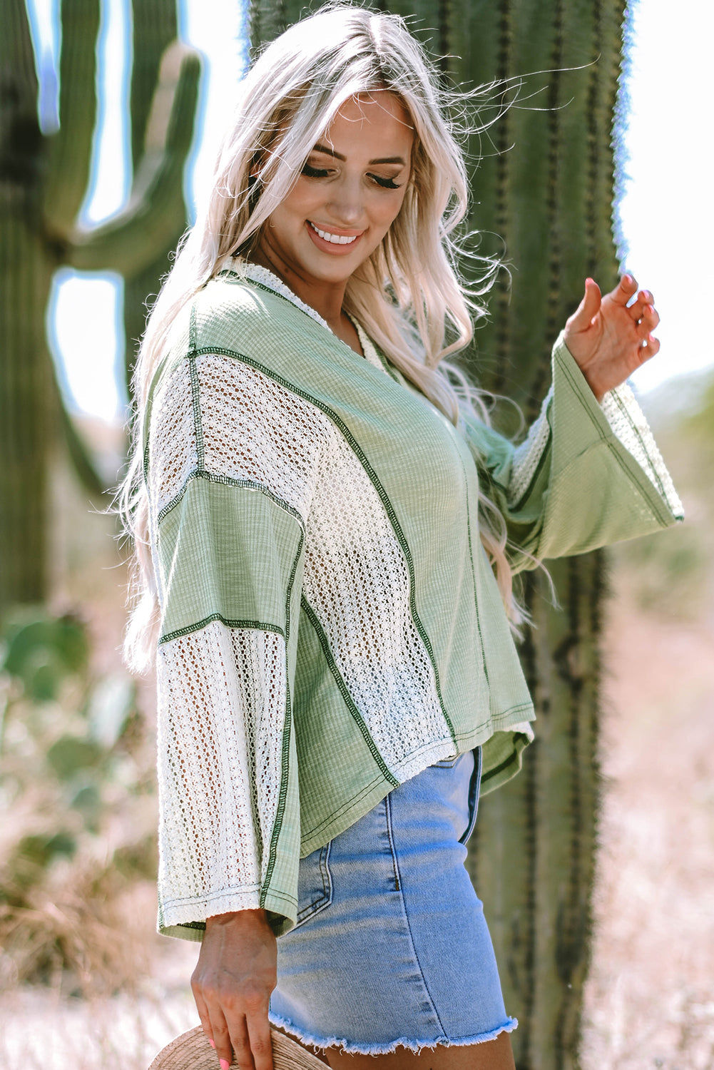 Ruby Crochet Detail Exposed Seam High Low Loose Top - Threaded Pear