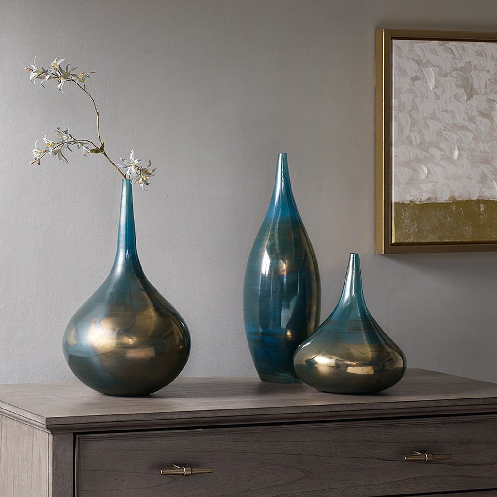 Blue and Bronze Decorative Glass Vases 3-Piece Set
