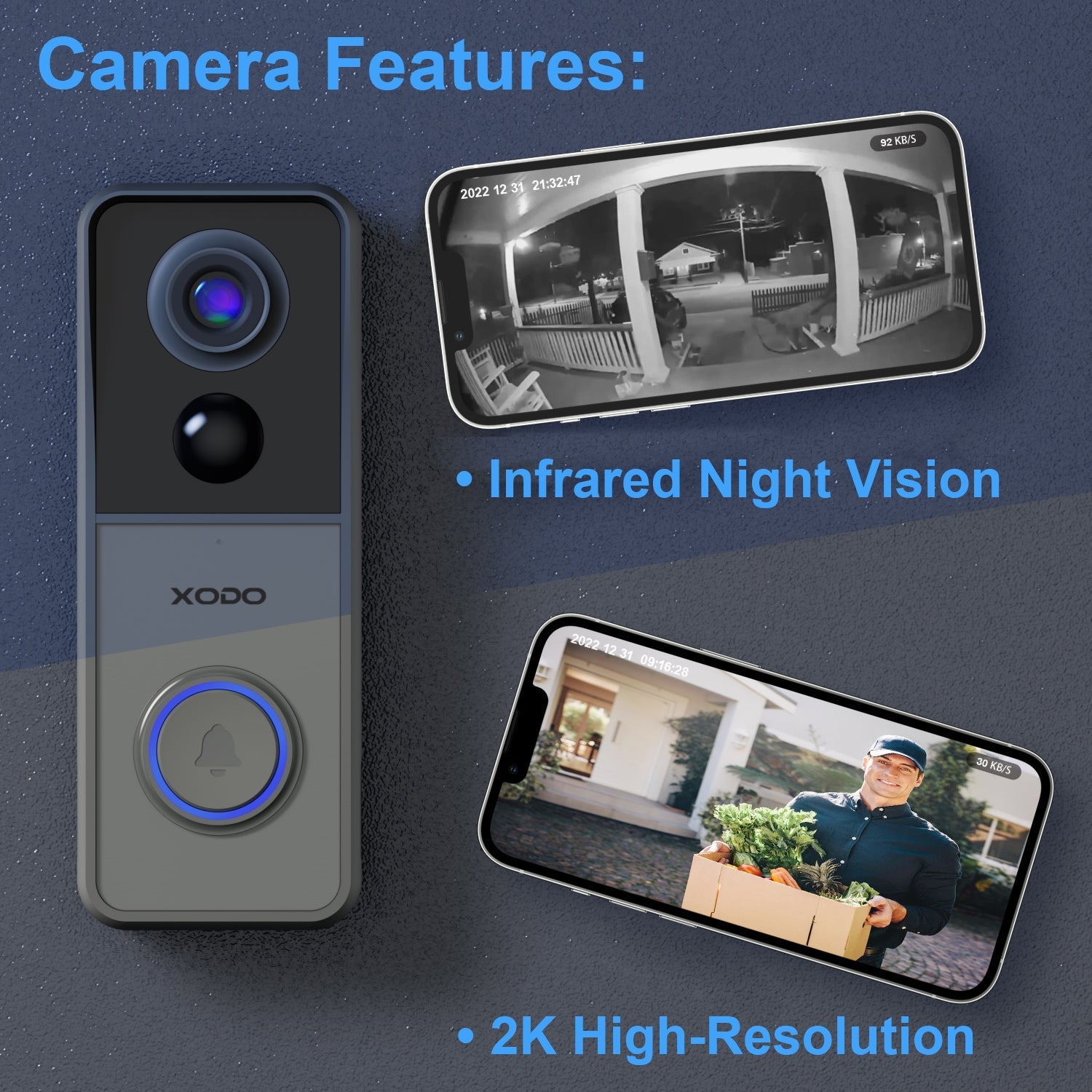 Xodo VD2 Smart Wi-Fi Wireless Video Doorbell with 2K QHD Camera and Chime by Contixo