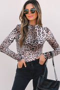 Leopard Smocked Neck Mesh Long Sleeve Bodysuit - Threaded Pear