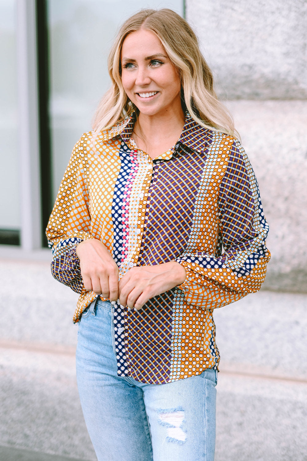 Brown Dot Print Long Sleeve Button Down Shift PLUS Shirt by Threaded Pear