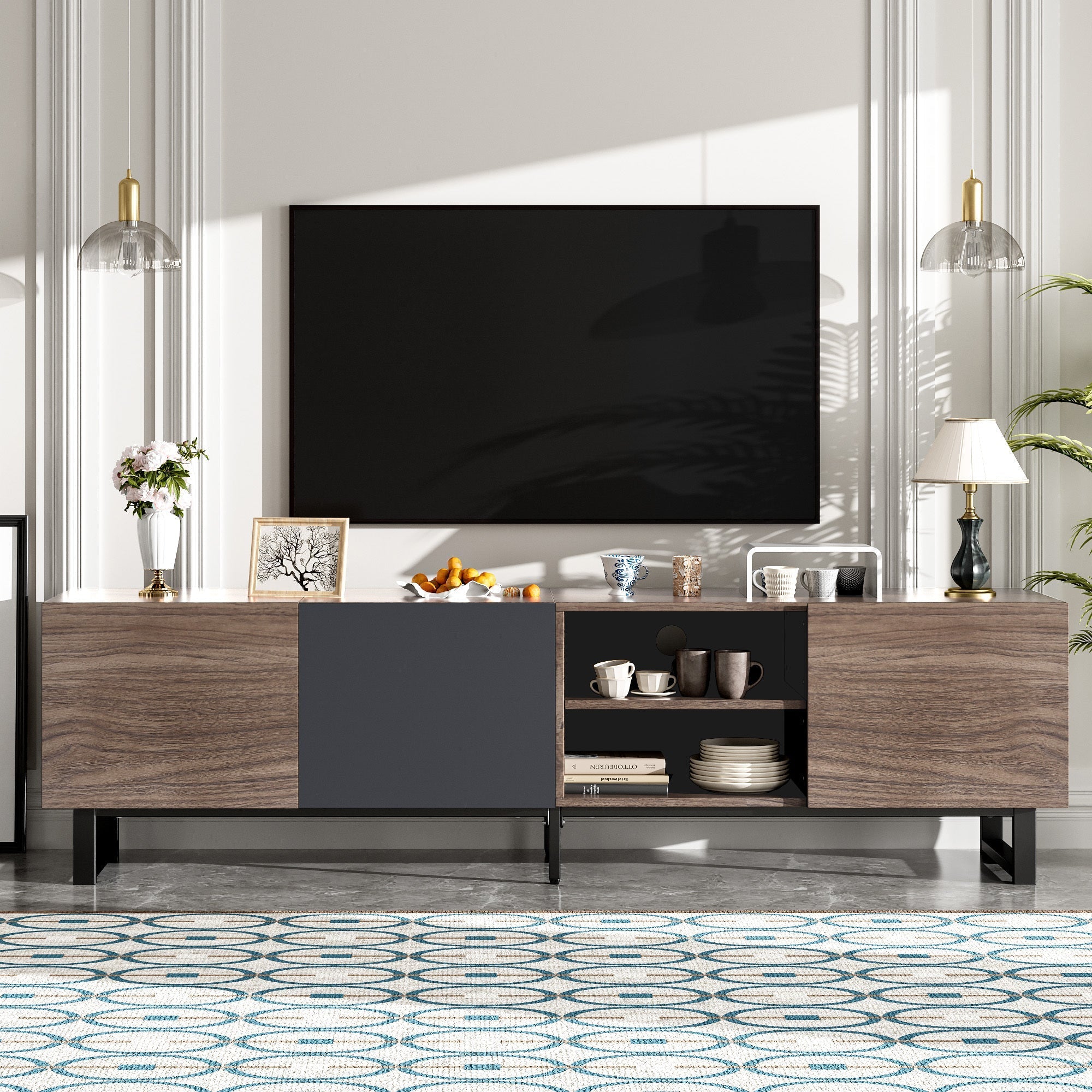 Modern TV Stand With 3 Cabinets & Open Shelves