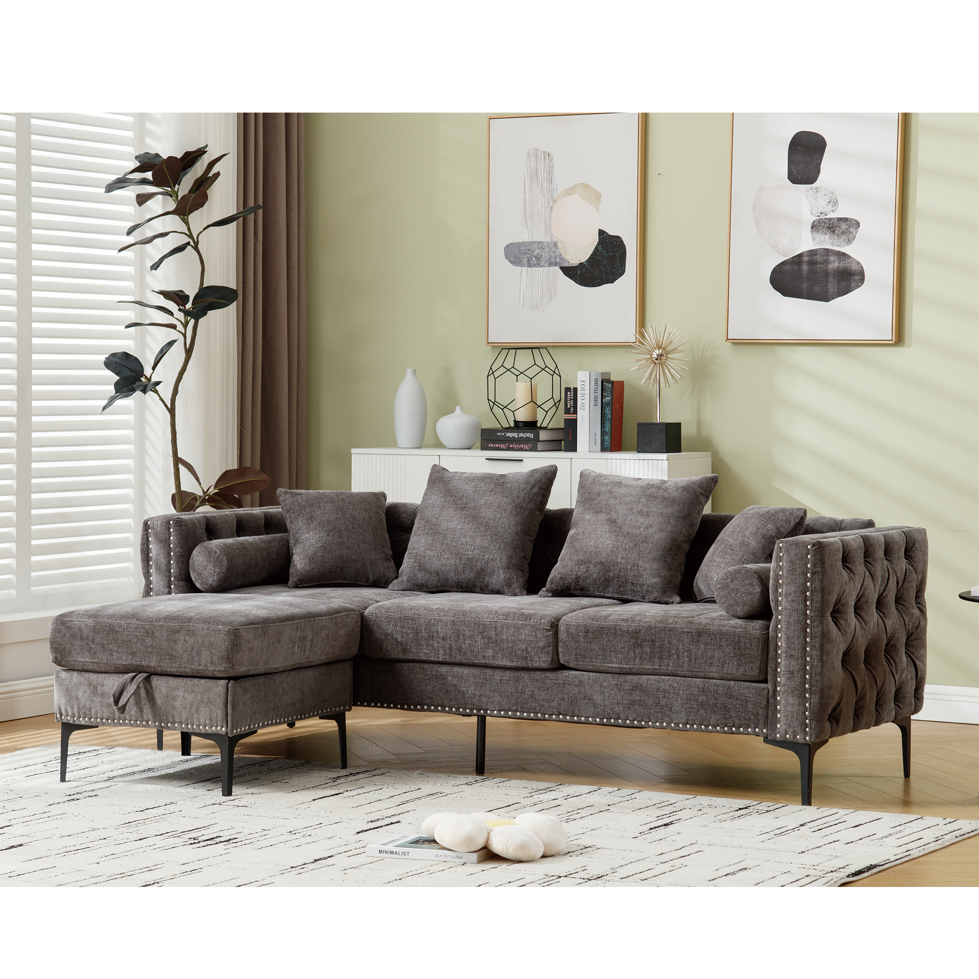 L Shaped Sectional Convertible Sofa With Storage Ottoman and Modern Tufted Style