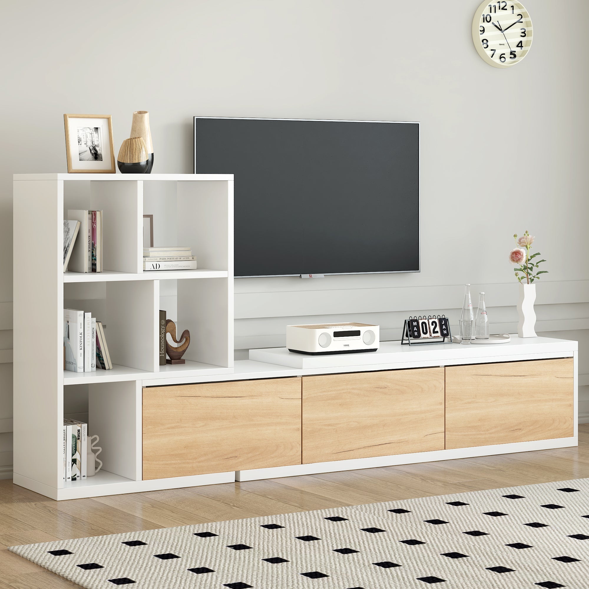 Extendable TV Stand With 3 Tier Bookshelves
