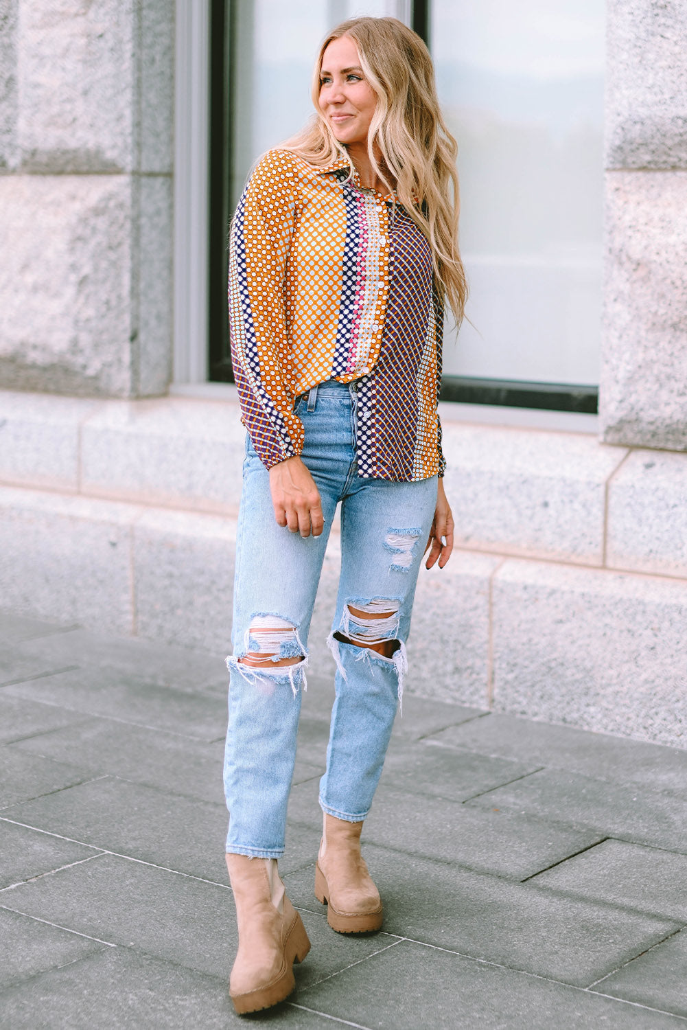 Brown Dot Print Long Sleeve Button Down Shift PLUS Shirt by Threaded Pear