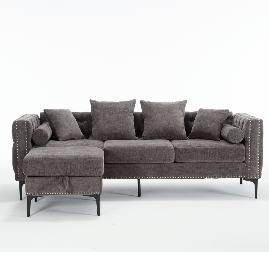 L Shaped Sectional Convertible Sofa With Storage Ottoman and Modern Tufted Style