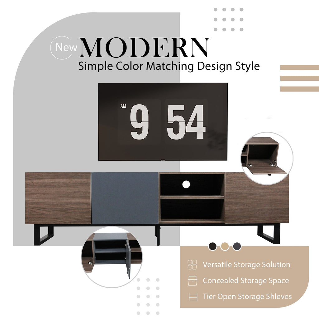 Modern TV Stand With 3 Cabinets & Open Shelves