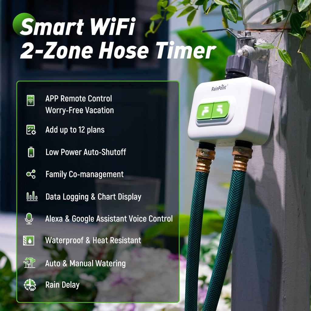 RainPoint 2-Zone Smart Wi-Fi Water Timer with Hub – Automatic Garden Irrigation System with App Control & Rain Delay by BALDR Electronic